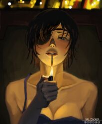 1girl adri_val artist_name black_hair blue_camisole blue_eyes breasts camisole chainsaw_man cigarette cleavage eyepatch fire highres himeno_(chainsaw_man) holding holding_lighter large_breasts lighter lighting_cigarette night short_hair solo teeth upper_teeth_only