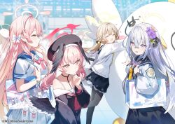 ahoge angel_wings ashima_(roro046) azusa_(blue_archive) black_wings blue_archive blue_eyes braid collarbone crossed_bangs eyes_visible_through_hair faceless feathered_wings flower gradient_eyes hair_flower hair_ornament hair_ribbon halo hanako_(blue_archive) hat hifumi_(blue_archive) highres huge_ahoge kazusa_(blue_archive) kikyou_(blue_archive) koharu_(blue_archive) long_hair looking_at_viewer low_wings multicolored_eyes off-shoulder_shirt off_shoulder official_art pantyhose peroro_(blue_archive) pink_eyes pink_hair pink_halo pointing ponytail profile red_halo ribbon school_uniform serafuku shirt sidelocks skirt smile twintails white_hair white_wings wing_ornament wings yellow_halo
