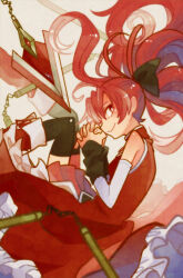 Rule 34 | 1girl, bad id, bad pixiv id, bow, hair bow, long hair, magical girl, mahou shoujo madoka magica, matatabi nia, own hands clasped, own hands together, polearm, ponytail, red eyes, red hair, sakura kyoko, smile, solo, spear, weapon