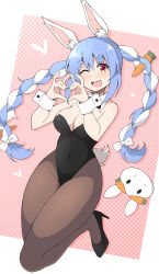 1girl alternate_costume animal_ear_fluff animal_ears bare_shoulders black_bow black_bowtie black_footwear black_leotard black_pantyhose blue_hair border bow bowtie breasts cleavage commentary_request commission detached_collar heart heart_hands high_heels highleg highleg_leotard highres hololive leotard long_hair medium_breasts multicolored_hair nel-c one_eye_closed open_mouth orange_eyes pantyhose pekomon_(usada_pekora) pink_background playboy_bunny rabbit_ears rabbit_tail short_eyebrows simple_background skeb_commission smile solo strapless strapless_leotard streaked_hair tail thick_eyebrows thick_thighs thighs twintails usada_pekora very_long_hair virtual_youtuber white_border white_hair wrist_cuffs