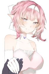 1girl 1other alternate_costume black_gloves blue_eyes breasts commentary_request dress elbow_gloves elf elysia_(honkai_impact) fuahina gloves hairband highres holding_hands honkai_(series) honkai_impact_3rd large_breasts looking_at_viewer pink_dress pink_hair pointy_ears pov pov_hands short_hair smile upper_body white_gloves white_hairband