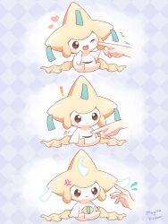 Rule 34 | 1other, :3, ;d, anger vein, artist name, blush, brown eyes, checkered background, cheek poking, commentary request, disembodied hand, frown, gen 3 pokemon, heart, highres, jirachi, legendary pokemon, mugita konomi, mythical pokemon, nintendo, one eye closed, open mouth, pokemon, pokemon (creature), poking, purple background, sitting, smile, v-shaped eyes