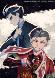 2boys black_background black_hair black_suit blue_shirt brush_stroke business_suit clenched_hand closed_mouth dynamax_band formal_clothes gloves grey_background grey_hair gym_leader_jersey highres jersey kabu_(pokemon) larry_(pokemon) male_focus meiji_ken multiple_boys necktie nintendo old old_man pokemon pokemon_masters_ex pokemon_sv pokemon_swsh salaryman serious shirt soccer_uniform sportswear suit thick_eyebrows towel towel_around_neck
