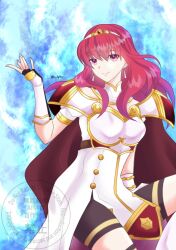 1girl armor aura black_skirt black_thighhighs blue_aura breastplate breasts cape celica_(emblem)_(fire_emblem) celica_(fire_emblem) choker dress earrings fingerless_gloves fire_emblem fire_emblem_echoes:_shadows_of_valentia fire_emblem_engage gloves jewelry long_hair medium_breasts nintendo red_eyes red_hair skirt solo sylphy_fe thighhighs tiara white_armor white_dress