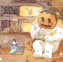 Rule 34 | 2boys, book, brown hat, creature, deltarune, full body, gerson, guei (deltarune), hat, holding, holding book, indoors, jack-o&#039;-lantern, jackenstein (deltarune), male focus, mask, multiple boys, on floor, one eye closed, shelf, sitting, zunda e damame