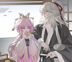 1boy 1girl absurdres blue_sky bow-shaped_hair chinese_clothes chinese_commentary commentary_request evzeva facial_mark food forehead_mark fu_xuan_(honkai:_star_rail) hair_ornament hair_ribbon hair_stick hand_fan hanfu highres holding holding_fan holding_food honkai:_star_rail honkai_(series) indoors jing_yuan long_hair long_sleeves looking_afar looking_down mooncake pink_eyes pink_hair ponytail red_ribbon ribbon sky sliding_doors wide_sleeves window yellow_eyes