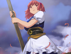 Rule 34 | 1girl, black sash, blue dress, blue sky, blush, cloud, coin, coin on string, commentary request, cowboy shot, dress, frilled sleeves, frills, hair bobbles, hair ornament, holding, holding oar, looking afar, meranie, oar, obi, onozuka komachi, open mouth, petals, pink hair, puffy short sleeves, puffy sleeves, red eyes, sash, shirt, short hair, short sleeves, sky, solo, touhou, two side up, white shirt