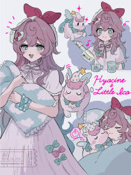Rule 34 | 1girl, alternate hairstyle, aqua bow, aqua hair, bow, ca ru cca, character name, closed eyes, closed mouth, creature, dress, english text, hair bow, holding, holding pillow, honkai: star rail, honkai (series), hyacine (honkai: star rail), little ica (honkai: star rail), milk, multiple views, musical note, on bed, open mouth, pillow, pink bow, pink dress, pink hair, red bow, ribbon, sleeping, smile, solo, sparkle, twitter username, upper body, watermark, white ribbon, yellow pupils