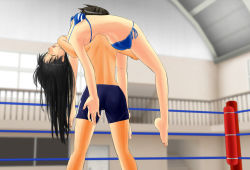 Rule 34 | #13, argentine backbreaker, backbreaker, bikini, black hair, closed eyes, forced, long hair, moaning, nanako (#13), open mouth, sakuya (#13), submission, sweat, swimsuit, wrestling, wrestling ring