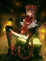 1girl absurdres android argent_energy arms_up bottomless breasts completely_nude cyberdemon cybernetic cyberpunk cyborg dancing dark day_of_wrath_(infinitypilot) demon demon_girl demon_horns demon_tail doom_(series) doom_eternal dungeon dystopia evil_eyes exhibitionism eyeliner eyeshadow factory fantasy glowing glowing_eyes glowing_horns glowing_organ glowing_trim hell high_heels highres holding holding_pole horns idol industrial legs_apart long_hair looking_at_viewer makeup mechabare mechanical_arms mechanical_legs midriff no_bra no_genitals no_nipples no_panties no_pants no_pussy no_shirt nude occult open_mouth original pedestal pentagram platform pole presenting public_indecency public_nudity red_eyeliner red_eyes red_eyeshadow robot robot_girl science_fiction see-through_body see-through_clothes sinister skeleton skull solo spread_legs stage stage_lights stripper stripper_pole tail technology tick_acsm topless_female translucent transparent white_hair zeta_(day_of_wrath)