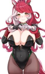 1girl animal_ears blush breasts commentary_request covered_navel enumiyaa gloves hair_between_eyes hair_ornament highres horse_ears horse_girl large_breasts leotard long_hair looking_at_viewer loves_only_you_(umamusume) mole mole_on_neck pantyhose playboy_bunny red_hair smile solo umamusume white_background yellow_eyes