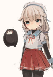 1girl black_bodysuit blue_sailor_collar bodysuit bokukawauso child commentary_request green_eyes grey_hair hat kantai_collection long_hair looking_at_viewer low_twintails mikura_(kancolle) otter pleated_skirt puffy_short_sleeves puffy_sleeves red_skirt sailor_collar sailor_hat sailor_shirt shirt short_sleeves simple_background skirt twintails white_background white_headwear white_shirt wss_(nicoseiga19993411)