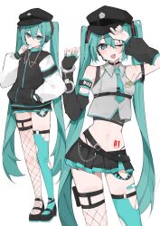 1girl absurdres bare_shoulders black_hat black_jacket black_shoes black_skirt black_sleeves blue_eyes blue_hair blue_nails blue_thighhighs blush commentary cropped_shirt detached_sleeves fishnet_thighhighs fishnets grey_shirt hair_between_eyes hand_in_pocket hat hatsune_miku highres holding holding_whistle jacket long_hair looking_at_viewer navel number_tattoo one_eye_closed open_mouth peaked_cap shirt shoes sidelocks single_sleeve_past_fingers skirt solo stomach_tattoo tattoo thigh_strap thighhighs twintails vocaloid waimoniku whistle white_sleeves