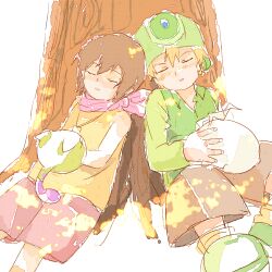 Rule 34 | 1boy, 1girl, antenna hair, blonde hair, brown hair, digimon, digimon adventure, highres, nyaromon, short hair, takaishi takeru, tokomon
