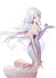 1girl absurdres aqua_hair bad_id bad_pixiv_id bare_shoulders blonde_hair blue_eyes breasts bridal_gauntlets cleavage closed_mouth collarbone cowboy_shot dress elbow_gloves female_focus frilled_sleeves frills gloves hair_between_eyes hand_up highres long_dress long_hair looking_at_viewer medium_breasts original simple_background smile solo strapless strapless_dress very_long_hair white_background yyb
