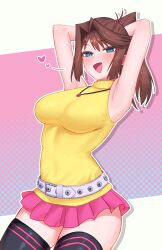 1girl absurdres armpits arms_behind_head arms_up bare_arms belt belt_buckle black_thighhighs blue_eyes blush breasts brown_hair buckle commentary cowboy_shot heart high_ponytail highres jewelry large_breasts looking_at_viewer mazaki_anzu miniskirt necklace open_mouth pink_skirt pleated_skirt ponytail shirt skirt sleeveless sleeveless_shirt solo thighhighs tight_clothes tight_shirt turnipdish turtleneck turtleneck_shirt white_belt yellow_shirt yu-gi-oh! yu-gi-oh!_the_dark_side_of_dimensions