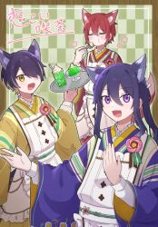 Rule 34 | 3boys, :d, animal ear fluff, animal ears, apron, blonde hair, border, brown border, checkered background, closed eyes, double-parted bangs, e7fe97lnor97074, eating, ensemble stars!, flower, flower symbol, food, fork, fox boy, fox ears, fox tail, frilled apron, frilled kimono, frills, glass, green background, hair between eyes, hair over one eye, hand on own chest, hand up, highres, holding, holding fork, holding tray, ice cream, ice cream float, japanese clothes, kanzaki souma, kimono, koikoi love cafe (ensemble stars!), long sleeves, looking at viewer, maid, male focus, motoyui, multicolored hair, multiple boys, one eye covered, open mouth, outside border, pink flower, ponytail, puffy cheeks, purple hair, purple kimono, raised eyebrows, red hair, red kimono, sengoku shinobu, shirt under kimono, short hair, sidelocks, smile, streaked hair, striped clothes, striped kimono, suou tsukasa, tail, tray, v-shaped eyebrows, wa maid, white apron, wide sleeves, yellow kimono