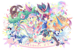 10s 2boys 2girls absol alternate_form blonde_hair blue_eyes brown_eyes calem_(pokemon) charizard cocoloco copyright_name creatures_(company) dedenne doublade eyewear_on_head flabebe flabebe_(red_flower) flame-tipped_tail fletchling furfrou furfrou_(star) game_freak gen_1_pokemon gen_3_pokemon gen_6_pokemon gloves gogoat hat helioptile legendary_pokemon long_hair mega_absol mega_charizard_y mega_mewtwo_y mega_pokemon meowstic meowstic_(female) meowstic_(male) mewtwo multiple_boys multiple_girls nintendo noivern pokemon pokemon_(creature) pokemon_xy serena_(pokemon) spritzee sunglasses swirlix sylveon