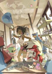 1boy 1girl alolan_form alolan_sandslash armaldo artist_name black_hair black_undershirt blue_eyes blue_hair blue_nails bone carbink cradily crown dark-skinned_female dark_skin dated diamond_earrings e_volution earrings gen_3_pokemon gen_4_pokemon gen_6_pokemon gen_7_pokemon hand_on_own_hip heart_scale highres indoors jewelry life_orb looking_up lycanroc lycanroc_(midnight) navel nintendo olivia_(pokemon) open_clothes open_mouth open_shirt orb pink_shorts pokemon pokemon_(creature) pokemon_masters_ex pokemon_oras pokemon_sm probopass ring sableye short_shorts shorts steven_stone steven_stone_(summer_2020) table white_shorts