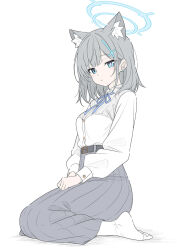 Rule 34 | 1girl, alternate costume, animal ear fluff, animal ears, blue archive, blue eyes, blush, closed mouth, cross hair ornament, extra ears, from side, grey hair, grey skirt, hair behind ear, hair ornament, high-waist skirt, highres, long hair, looking at viewer, ribbon, seiza, shiroko (blue archive), shirt, sidelocks, sitting, skirt, socks, solo, t1kosewad, white ribbon, white shirt, white socks, wolf ears, wolf girl