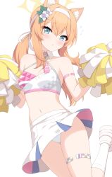 1girl absurdres animal_ears blue_archive blue_eyes breasts cheerleader cleavage collarbone commentary detached_collar enru flower hair_between_eyes hair_flower hair_ornament hairband halo highres holding holding_pom_poms loli long_hair mari_(blue_archive) millennium_cheerleader_outfit_(blue_archive) orange_hair parted_lips pom_pom_(cheerleading) pom_poms simple_background skirt small_breasts solo symbol-only_commentary thigh_strap white_background white_flower white_hairband white_skirt yellow_halo