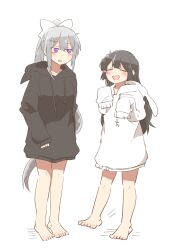 2girls :d animal_ears animal_hood barefoot black_hair black_hoodie blush_stickers bow braid closed_eyes drawstring grey_hair hair_between_eyes hair_bow hair_ornament hairclip higuchi_kaede hood hood_down hoodie long_sleeves multiple_girls nijisanji open_mouth ponytail puffy_long_sleeves puffy_sleeves purple_eyes rabbit_ears rabbit_hood rebecca_(keinelove) simple_background sleeves_past_fingers sleeves_past_wrists smile tsukino_mito virtual_youtuber white_background white_bow white_hoodie