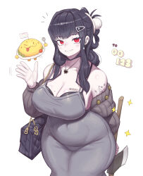 1girl absurdres axe bag barcode barcode_tattoo bare_shoulders black_bra black_dress black_hair blunt_bangs bra breast_tattoo breasts butterfly_tattoo cleavage collarbone covered_navel curvy d_(killer_wife)_(nikke) d_(nikke) domaguri dongtan_dress dress evening_gown goddess_of_victory:_nikke grin handbag hatchet_(axe) heart heart_necklace highres holding holding_weapon jewelry large_breasts light_blush long_hair looking_at_viewer meme_attire necklace official_alternate_costume red_eyes smile solo tattoo underwear waving weapon wide_hips