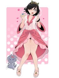 Rule 34 | 1boy, ;d, black hair, bow, bracelet, calem (pokemon), collarbone, commentary request, cosplay, crossdressing, espurr, gen 6 pokemon, grey eyes, hands up, happy, heal ball, heart, highres, holding, holding poke ball, iris (pokemon), iris (pokemon) (cosplay), jewelry, knees, knees together feet apart, male focus, medium hair, nintendo, one eye closed, open mouth, pink bow, pink skirt, poke ball, pokemon, pokemon (creature), pokemon bw2, pokemon xy, sana (37pisana), sandals, see-through scarf, shirt, skirt, smile, tiara, toes, v-neck, white shirt