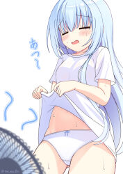 1girl =_= blue_hair blurry blush closed_eyes clothes_lift commentary_request cowboy_shot depth_of_field electric_fan fanning_crotch fanning_self from_below gluteal_fold hair_between_eyes hair_down hamidashi_creative hands_up highres hot lifting_own_clothes long_hair nanatsu_(na_na_tsu) navel open_mouth panties shirt shirt_lift short_sleeves sidelocks simple_background solo straight_hair sweat t-shirt translated twitter_username underwear very_long_hair white_background white_panties white_shirt yukige_shiki
