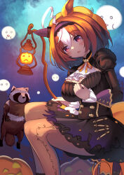 Rule 34 | 1girl, :3, @ @, ahoge, black dress, breasts, brown hair, cleavage, dress, ear covers, ghost, highres, juliet sleeves, large breasts, long sleeves, looking at viewer, meisho doto (dot-o&#039;-lantern) (umamusume), meisho doto (umamusume), multicolored hair, official alternate costume, pantyhose, parted lips, puffy sleeves, pumpkin, purple eyes, raccoon, single ear cover, solo, streaked hair, umamusume, white hair, yuutopia