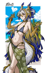 1girl arknights bikini black_bikini blonde_hair blue_hair bracelet breasts dragon_horns dragon_tail floral_print furauji grey_eyes halterneck horns jewelry long_hair multi-strapped_bikini_bottom multicolored_hair sarong shu_(arknights) side-tie_bikini_bottom skirt small_breasts solo standing string_bikini swimsuit tail very_long_hair white_hair yellow_skirt