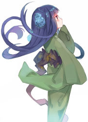 Rule 34 | 10s, 1girl, blue hair, blunt bangs, blush, female focus, flower, green kimono, hair flower, hair ornament, idolmaster, idolmaster cinderella girls, japanese clothes, kimono, long hair, nemeko, red eyes, sajo yukimi, solo, wide sleeves