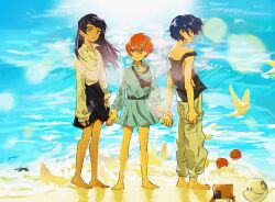 1boy 2girls amate_yuzuriha apple aqua_eyes beach bird blue_hair collared_shirt colored_inner_hair conch_(gundam) day food fruit full_body gundam gundam_gquuuuuux haro highres holding_hands kabi_gq long_hair long_sleeves looking_at_viewer lower_eyelashes_only multicolored_hair multiple_girls necktie non-humanoid_robot nyaan_(gundam_gquuuuuux) outdoors purple_hair red_eyes red_hair robot sand school_uniform shirt short_hair shuji_ito skirt standing tank_top two-tone_hair water yellow_eyes