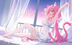1girl :o animal_ear_fluff animal_ears armpits babydoll blue_eyes breasts cat_ears cat_tail chinese_commentary commentary_request curtains elysia_(honkai_impact) euzh266 highres honkai_(series) honkai_impact_3rd large_breasts long_hair night night_sky nightgown on_bed pink_hair sample_watermark sitting sky solo stirrup_legwear stretching tail teeth thighhighs thighs toeless_legwear toes upper_teeth_only very_long_hair watermark white_babydoll white_nightgown white_thighhighs window