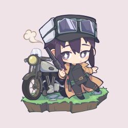 1girl belt belt_pouch black_hat black_jacket black_pants bright_pupils brown_coat chibi chibi_only closed_mouth coat colt_1851_navy commentary_request diamond-shaped_pupils diamond_(shape) expressionless full_body fur_hat goggles goggles_on_headwear grass grey_background gun handgun hat hermes_(kino_no_tabi) highres holding holding_gun holding_weapon isometric jacket kino_(kino_no_tabi) kino_no_tabi kokuya_(kokuya28) looking_at_viewer motor_vehicle motorcycle open_clothes open_coat pants pouch purple_eyes purple_hair revolver short_hair simple_background smoke smoking_barrel solo symbol-shaped_pupils weapon white_pupils