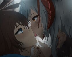 2girls amiya_(arknights) arknights blood blood_on_neck blue_eyes blush brown_hair commentary english_commentary evalithfog eye_contact french_kiss grey_hair hand_on_another&#039;s_chin highres kiss long_hair looking_at_another multiple_girls orange_eyes red_nails short_hair tongue tongue_out w_(arknights) yuri