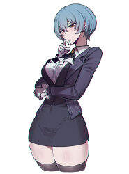 1girl angela_(project_moon) ascot black_feathers black_skirt black_thighhighs black_vest blue_hair blue_jacket breasts brooch closed_mouth coat collared_shirt covered_groin cowboy_shot cropped_legs feathers finger_to_mouth finger_to_own_chin frilled_sleeves frills gloves highres jacket jewelry large_breasts light_blush lobotomy_corporation long_sleeves looking_at_viewer misg1111 orange_brooch orange_eyes pencil_skirt project_moon shirt short_hair side_slit simple_background skirt solo suit_jacket taut_clothes taut_shirt thick_thighs thighhighs thighs thinking tight_clothes tight_shirt vest white_ascot white_background white_coat white_gloves white_shirt