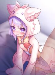 1boy 1girl akimiya_yamiku animal_hood armpit_sex bar_censor breasts censored commentary_request hetero highres hood hood_up lily_ange loli nipples open_mouth penis purple_eyes purple_hair small_breasts solo_focus x-ray
