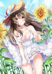 Rule 34 | 1girl, bare shoulders, blue bow, blue sky, blush, bow, bow panties, breasts, breasts apart, brown eyes, brown hair, cloud, collarbone, commentary request, day, dress, dutch angle, female focus, field, flower, flower field, frilled dress, frills, hair between eyes, halterneck, hat, hat bow, highres, long hair, looking at viewer, mashiro aa, medium breasts, original, outdoors, panties, parted lips, sky, sleeveless, sleeveless dress, solo, straw hat, sundress, sunflower, sunflower field, underwear, very long hair, white dress, white panties, yellow flower