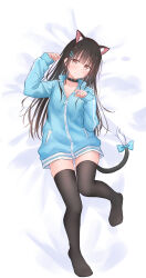 Rule 34 | 1girl, absurdres, animal ears, black choker, black hair, black thighhighs, blue bow, blue jacket, blush, bow, breasts, brown eyes, cat ears, cat tail, choker, closed mouth, hair ornament, hairclip, highres, jacket, kutatsu (kutatsu7), long hair, long sleeves, looking at viewer, lying, mole, mole under eye, on back, original, partially unzipped, simple background, small breasts, smile, solo, tail, thighhighs, yuki (kutatsu)