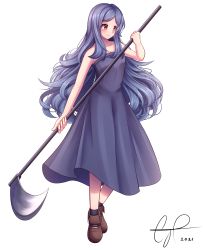 1girl absurdres axe bare_shoulders blue_dress blue_hair dress enri_louvre evermythic highres holding holding_axe holding_weapon long_hair naraku naraku_2 red_eyes simple_background solo strapless weapon white_background