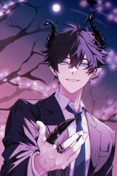 Rule 34 | 1boy, arm up, asymmetrical horns, bare tree, beckoning, black hair, black horns, black jacket, blue eyes, blue necktie, branch, claw ring, collared shirt, commentary, earrings, english commentary, fingernails, formal clothes, hair between eyes, horns, jacket, jewelry, lapels, layered sleeves, long sleeves, looking at viewer, male focus, multiple earrings, necktie, nijisanji, nijisanji en, notched lapels, owo renren, piercing, pointy ears, ren zotto, ring, shirt, smile, solo, suit jacket, tree, virtual youtuber, white shirt, wing collar