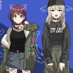 2girls absurdres belt black_belt black_camisole black_collar black_nails black_sweater blue_eyes blue_skirt blush brown_hair camisole closed_mouth collar commentary drawn_ears drawn_tail fishnets girls_band_cry grey_eyes grey_hair hair_ornament hairclip hashtag-only_commentary highres holding holding_leash iseri_nina kawaragi_momoka leash long_hair low_twintails multiple_girls nail_polish open_mouth red_collar red_nails short_hair skirt spiked_collar spikes studded_belt sweater teeth twintails weabooz yuri