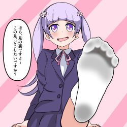 Rule 34 | 1girl, ashiura koubou, blush, feet, foot focus, foot up, highres, long hair, looking at viewer, new game!, open mouth, purple eyes, purple hair, socks, soles, suzukaze aoba, toes, translated, twintails, white socks