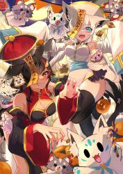 Rule 34 | 2girls, absurdres, animal ears, bare shoulders, black dress, black hair, breasts, cleavage, detached sleeves, dress, fox ears, fox girl, group picture, hanami mai, hat, highres, hololive, jiangshi, large breasts, multiple girls, ofuda, ookami mio, red hair, red hat, shirakami fubuki, sleeves past wrists, very long sleeves, virtual youtuber, white dress, white hair, white hat, wolf ears, wolf girl