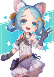 1girl :d animal_ear_fluff animal_ears bare_shoulders belt belt_buckle black_gloves black_neckerchief black_thighhighs blue_eyes blue_hair brown_belt buckle center_frills collared_leotard cowboy_shot detached_sleeves flat_chest frills gloves hair_ornament hair_rings hairclip highres ikpde leotard looking_at_viewer neckerchief open_mouth original outline parted_bangs short_sleeves skirt smile solo teeth thighhighs upper_teeth_only w white_leotard white_outline white_skirt white_sleeves