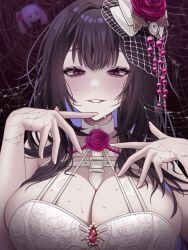 1girl bare_shoulders blush breasts choker cleavage flower goddess_of_victory:_nikke hair_ornament highres huazhimaru0 large_breasts long_hair looking_at_viewer mihara_(bonding_chain)_(nikke) mihara_(bonding_chain)_(pain_eater)_(nikke) mihara_(nikke) official_alternate_costume purple_eyes rose silk smile spider_web yuni_(nikke)
