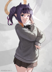 1girl absurdres black_eyes black_skirt chuunibyou closed_mouth eye_trail gradient_hair grey_sweater halo heterochromia highres hololive hololive_english light_trail multicolored_hair ninomae_ina&#039;nis ninomae_ina&#039;nis_(school_uniform) noraesei official_alternate_costume official_alternate_hairstyle orange_hair orange_halo pink_eyes pleated_skirt pointy_ears purple_hair side_ponytail skirt solo sweater tentacle_hair virtual_youtuber