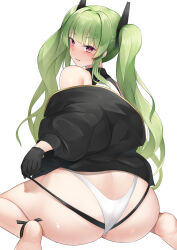 Rule 34 | ass, azur lane, bikini, black gloves, black jacket, blush, from behind, gloves, grey hair, highres, jacket, jacket over swimsuit, layered bikini, long hair, looking at viewer, looking back, maggiore baracca (azur lane), multi-strapped bikini bottom, multi-strapped bikini top, nori aji, parted lips, purple eyes, sitting, smile, swimsuit, twintails, wariza