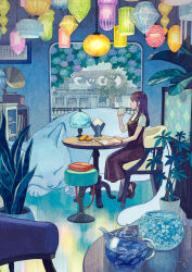 Rule 34 | 1girl, animal, aqua flower, arm on table, bag, blue flower, book, bookshelf, cat, ceiling light, chair, commentary request, cool colored, cup, day, dress, flower, food, from side, hand up, handbag, hanging light, highres, holding, holding cup, lamp, long hair, looking ahead, no socks, notebook, on chair, open book, original, oversized animal, pen, phonograph, plant, plate, potted plant, purple dress, purple flower, purple hair, rain, shelf, shirt, shoes, short sleeves, sitting, sleeveless, sleeveless dress, slice of life, solo, stool, straight hair, table, tami yagi, teapot, tree, turtleneck, turtleneck shirt, white shirt, wide shot, window